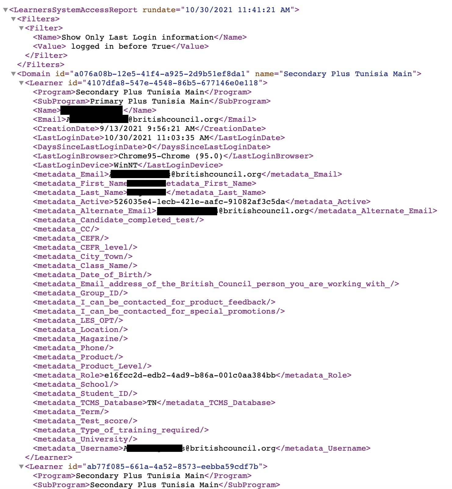 XML files exposing student records