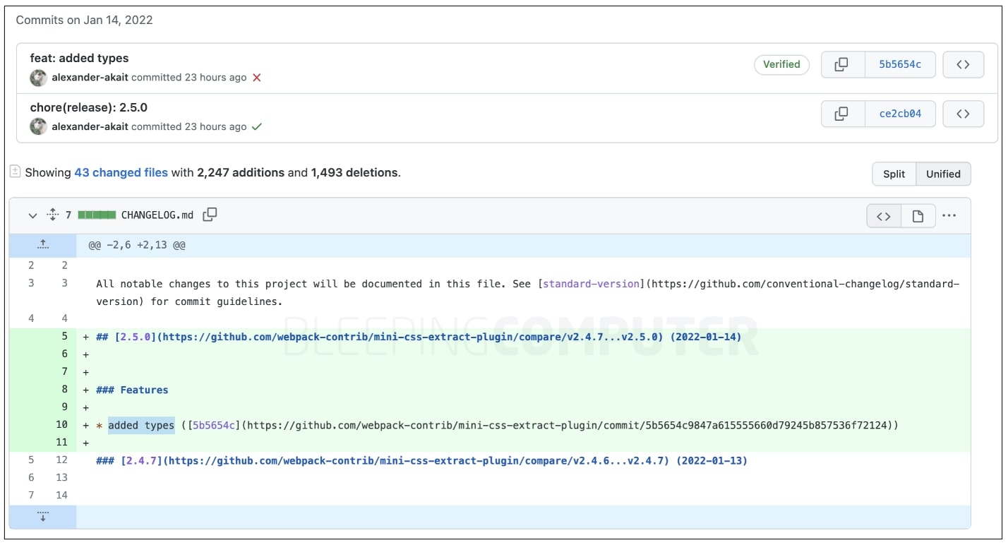 mini css extract plugin 2.5.0 commit