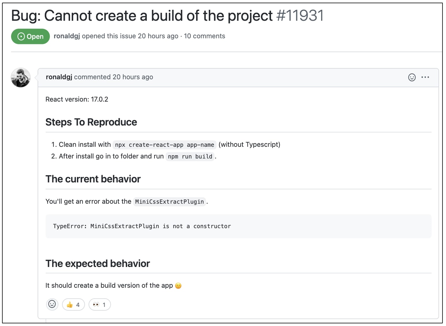 Users report their create-react-app builds failing