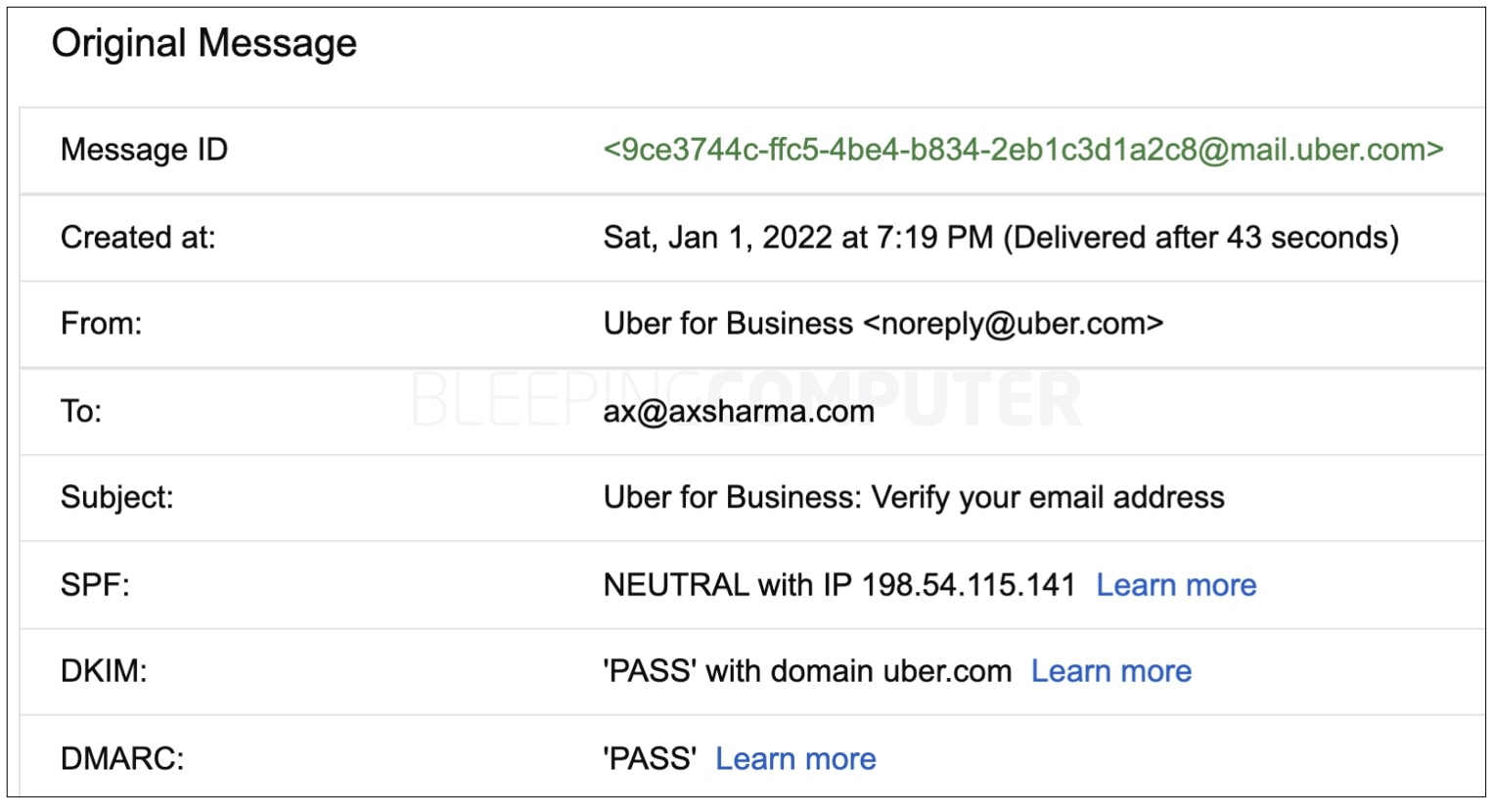 Email sent from Uber passes DKIM and SPF security checks