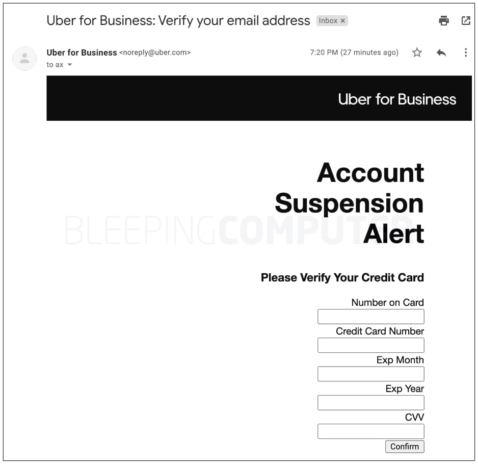 PoC email sent from Uber's servers