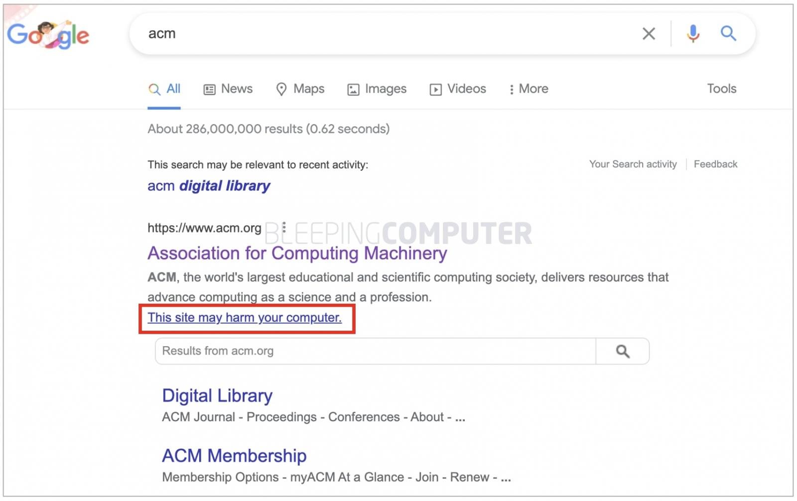 Google search results flag ACM domains as malicious