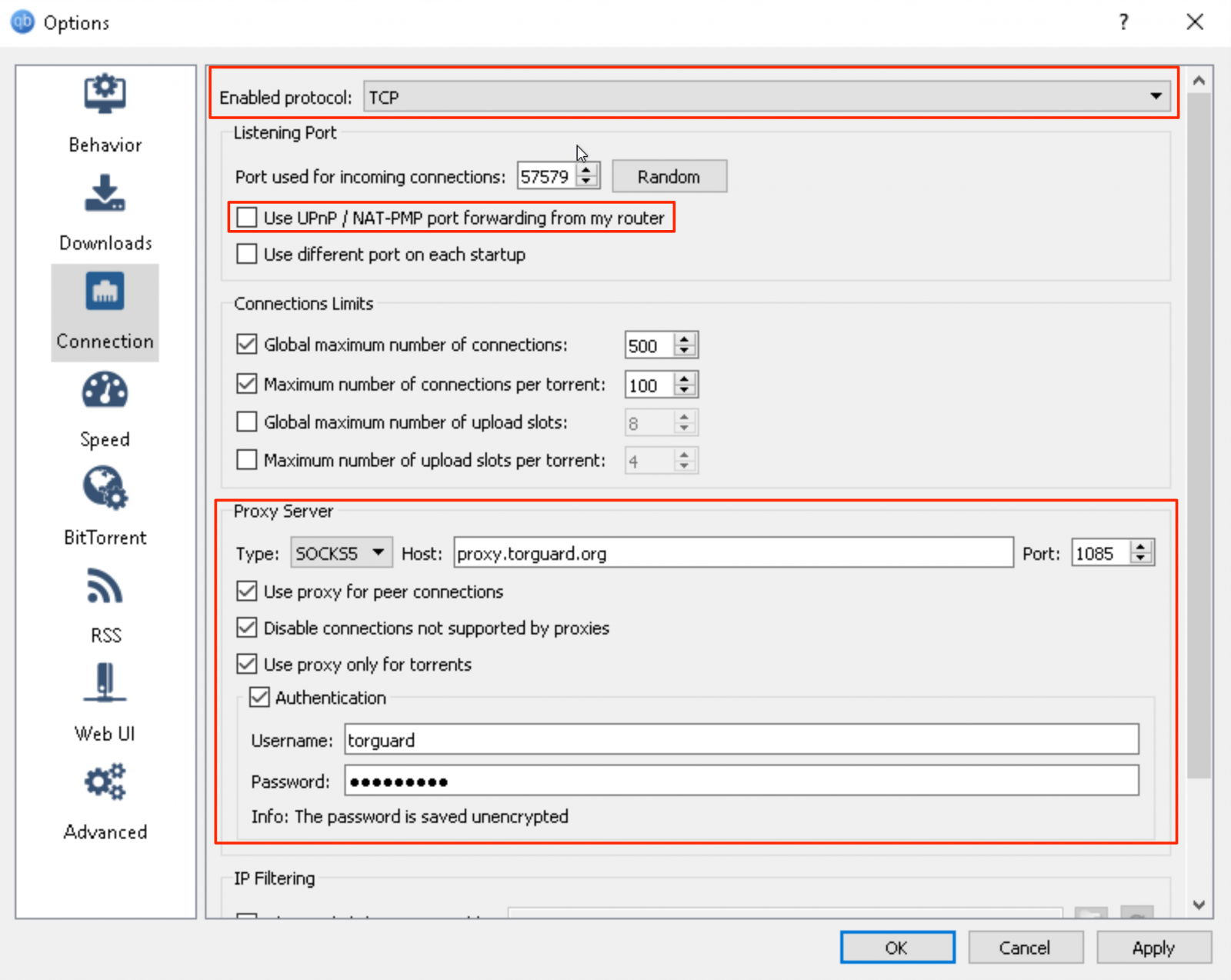 setting up TorGuard SOCKS5 server with BitTorrent