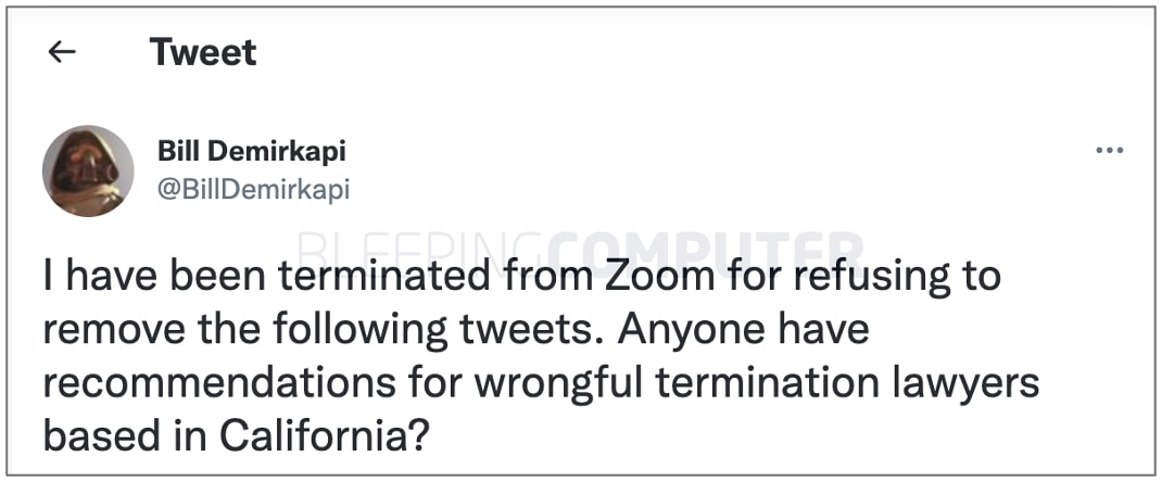 Researcher tweeted he had been terminated by Zoom