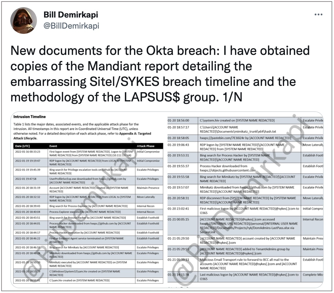 Tweet contained documents showing timeline of Okta breach