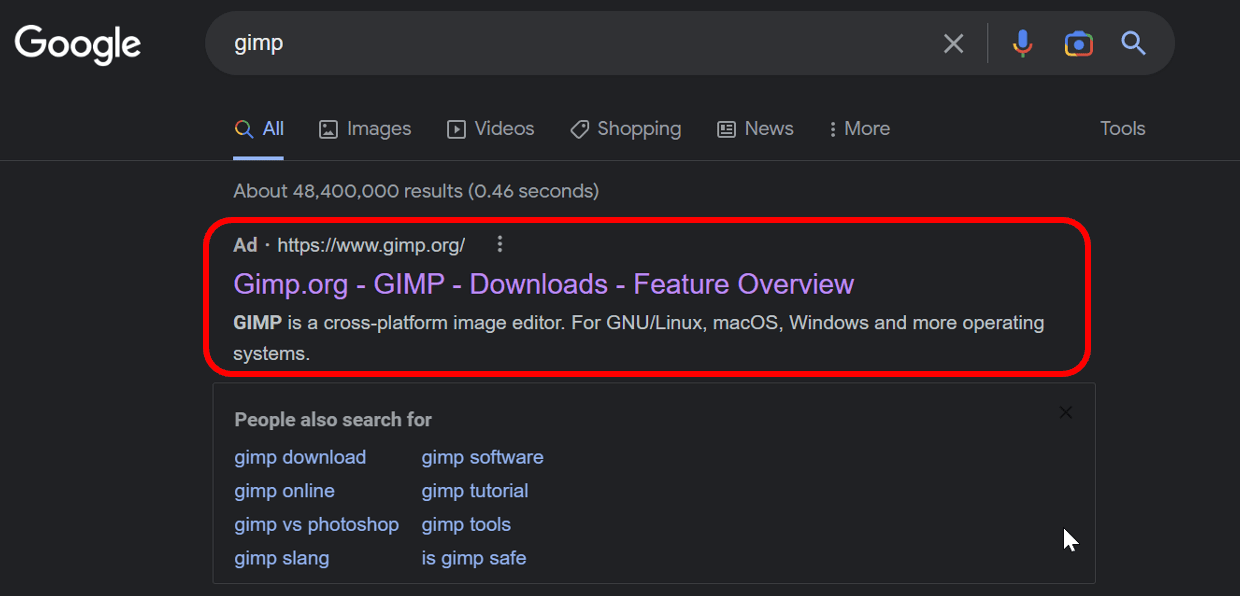 訪問者を GIMP フィッシング サイトに誘導する問題のある Google 広告