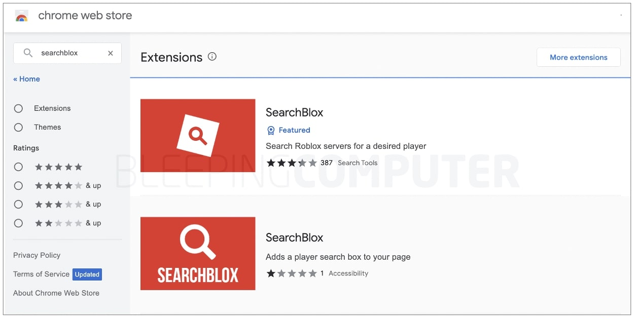 Malicious SearchBlox extension on Chrome