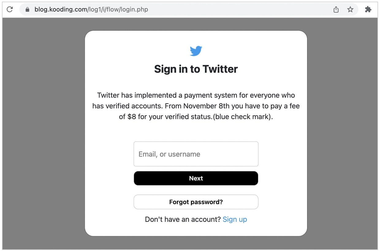 halaman phishing Twitter