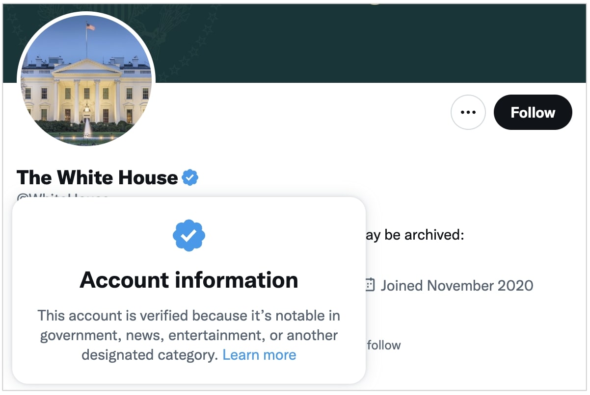 Account Twitter verificato da Real WhiteHouse