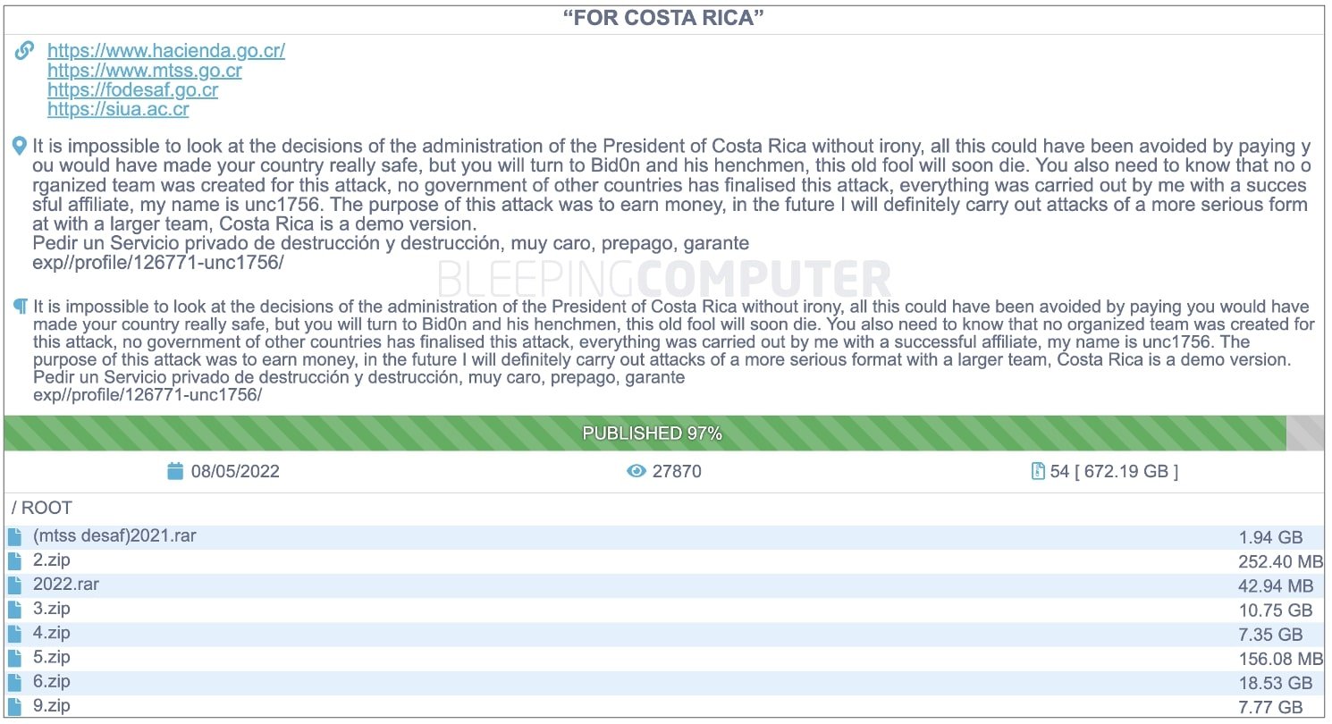 Conti leak site with stolen data allegedly belonging to Costa Rica