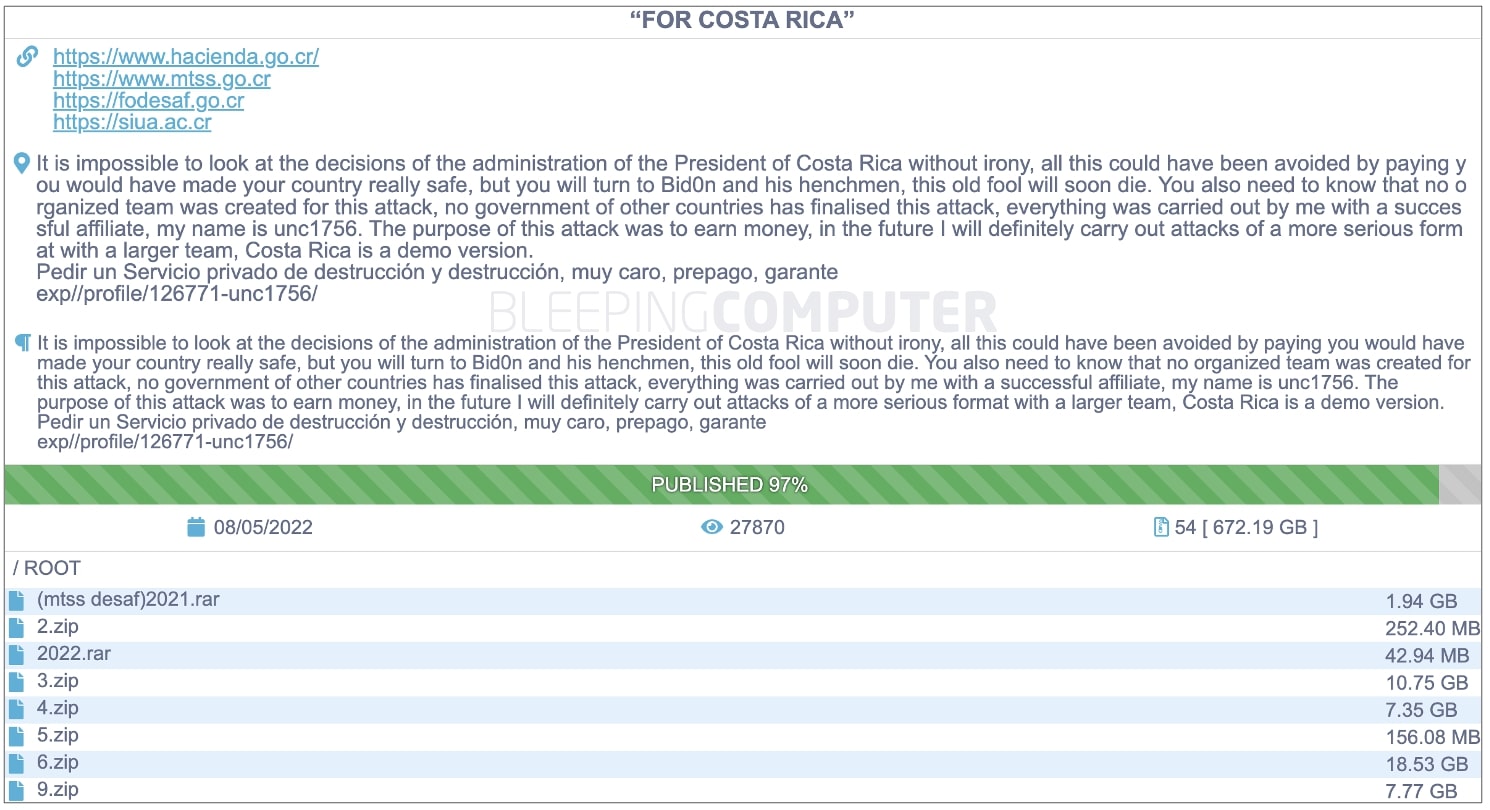 Conti leak site with stolen data allegedly belonging to Costa Rica