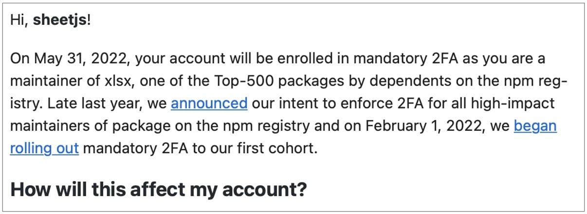 sheetjs enrolled in 2fa by npm