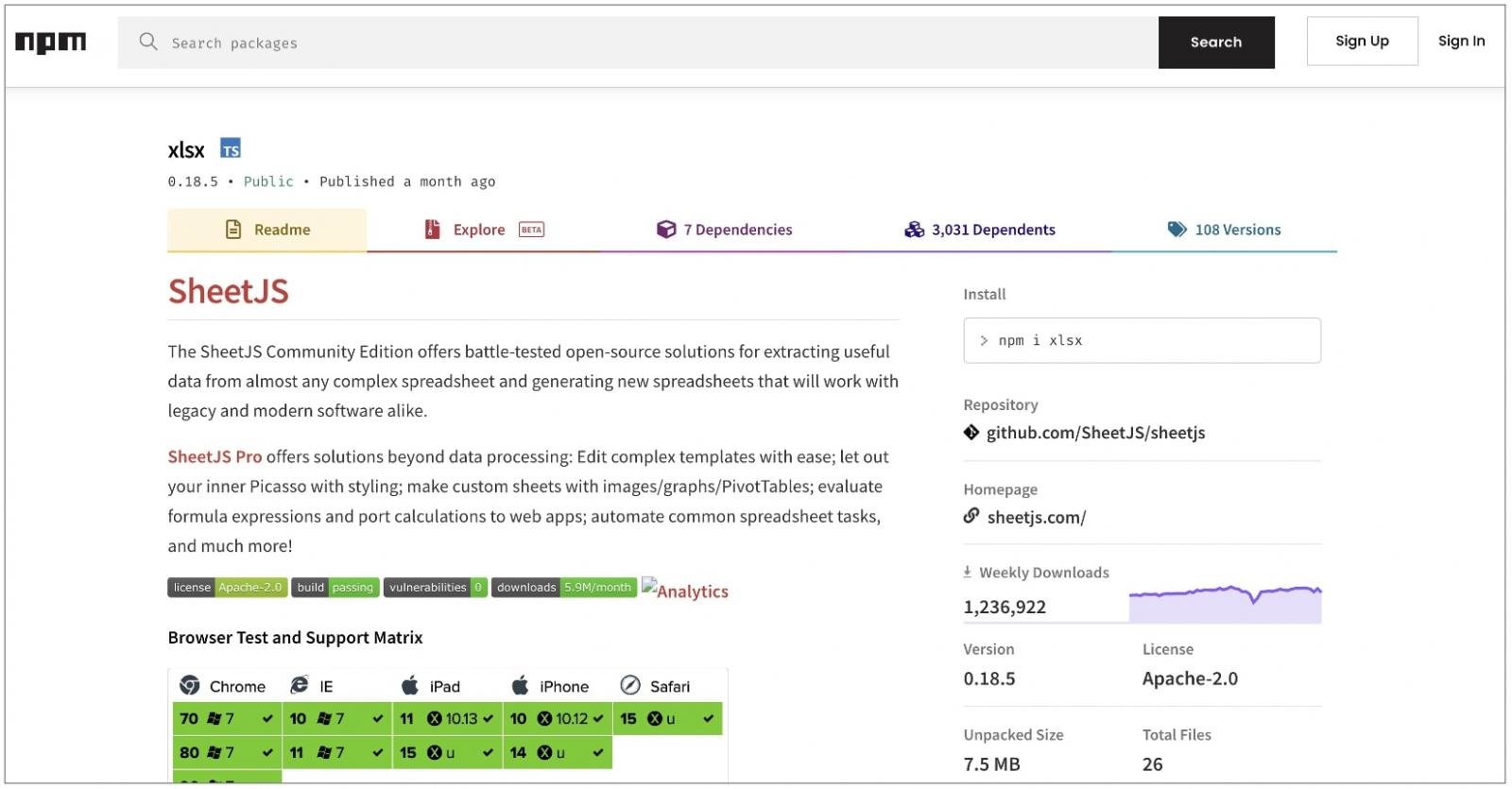 SheetJS npm page