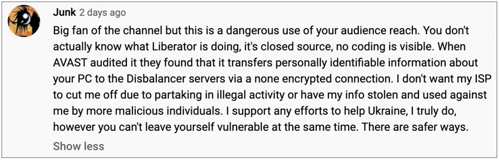A user calls out the illegality of Liberator