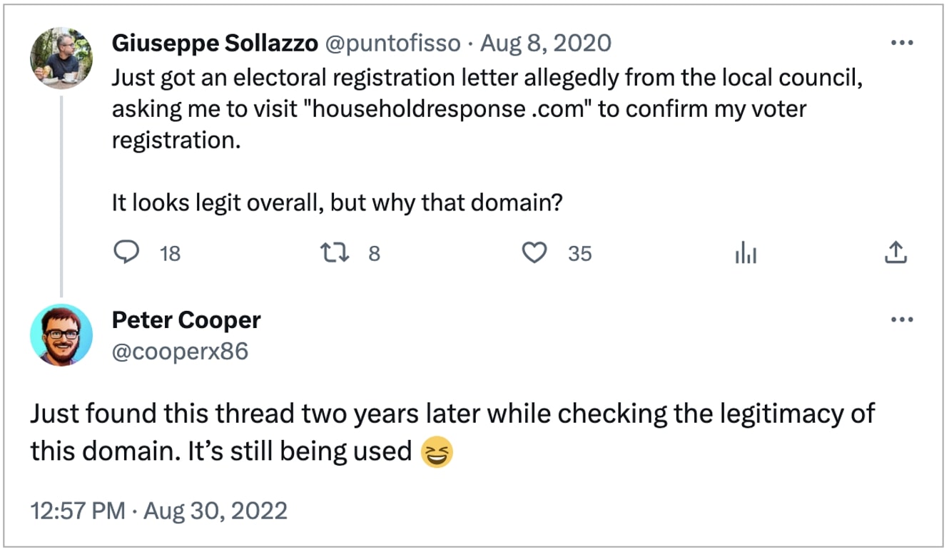 User calling out the use of HouseholdResponse.com domain