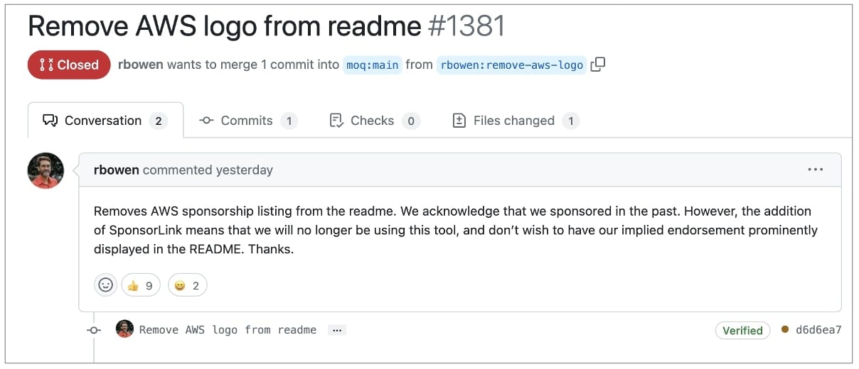 Amazon AWS が Moq に README から名前を削除するようリクエスト