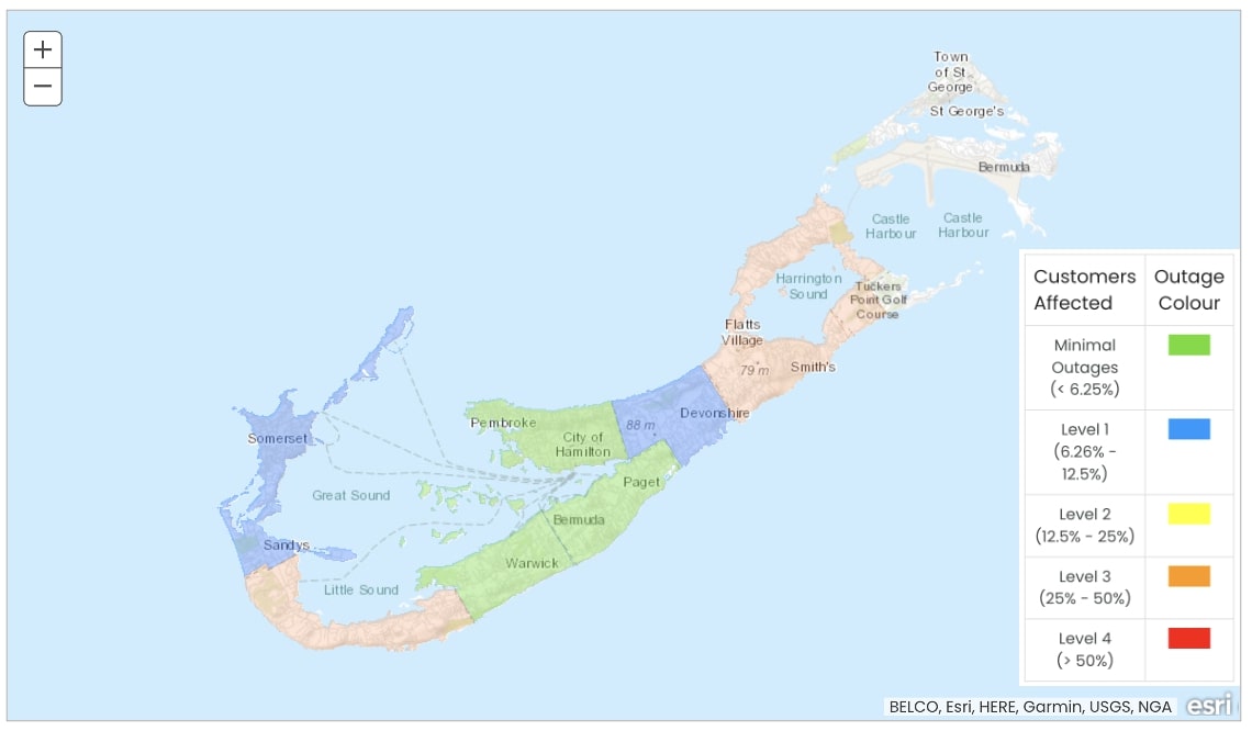 Mapa de cortes de energía en las Bermudas por BELCO