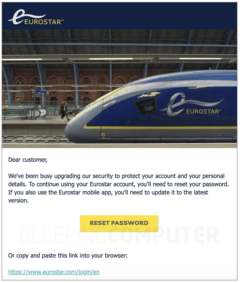 Eurostar のパスワード リセット メールが 2023 年 2 月に送信されました