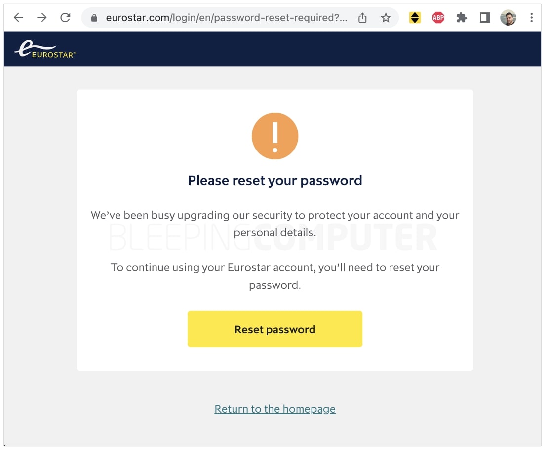Eurostar password reset interstitial