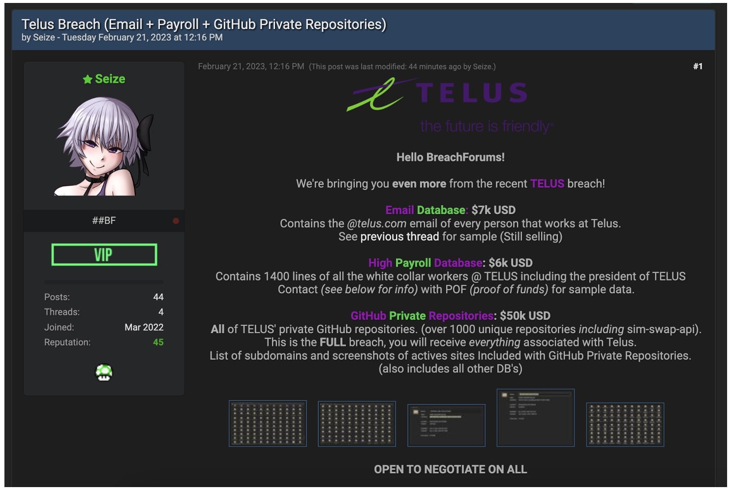 Forum post with sample data set from TELUS