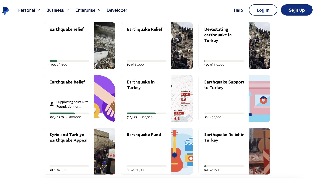 Multiple PayPal fundraisers for Turkey and Syria