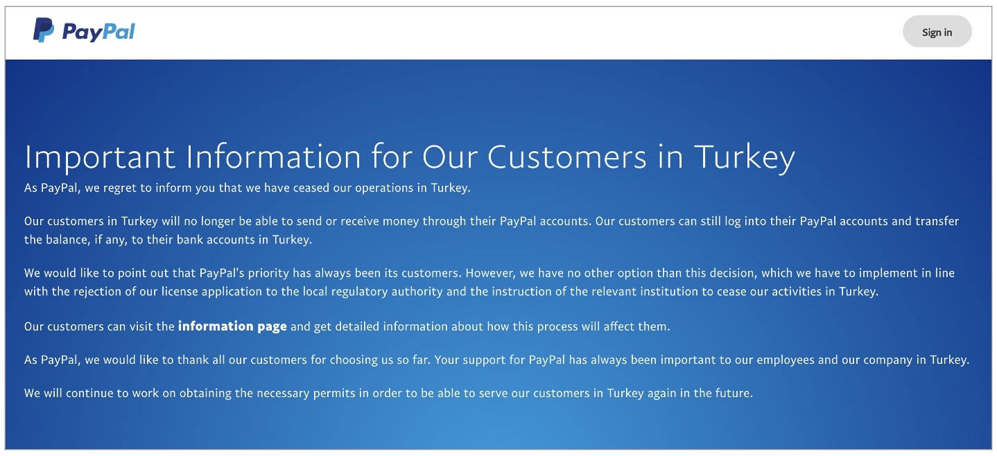 PayPal ceased to operate in Turkey in 2016