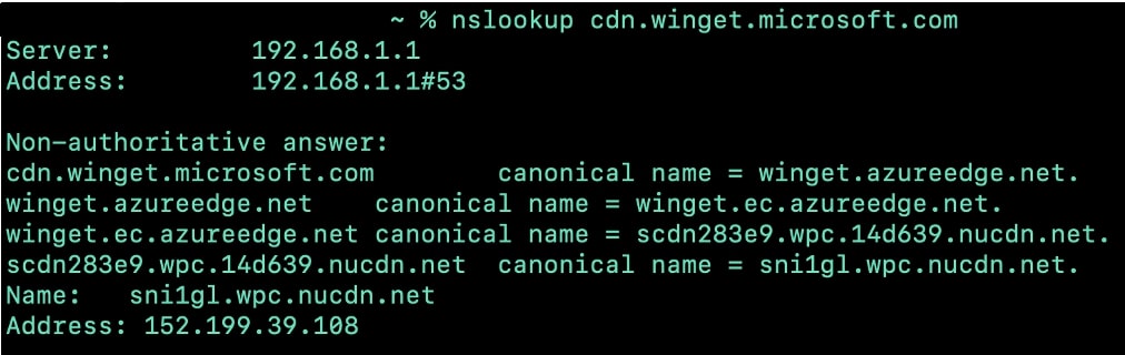 permintaan DNS nslookup untuk WinGet CDN