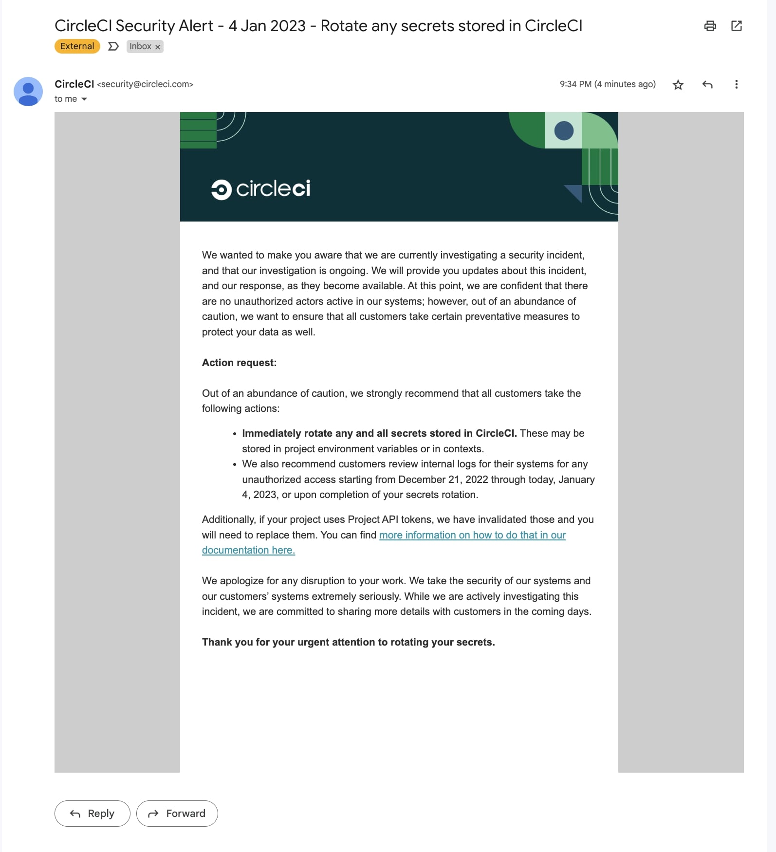 CircleCI Security Incident Email Notification
