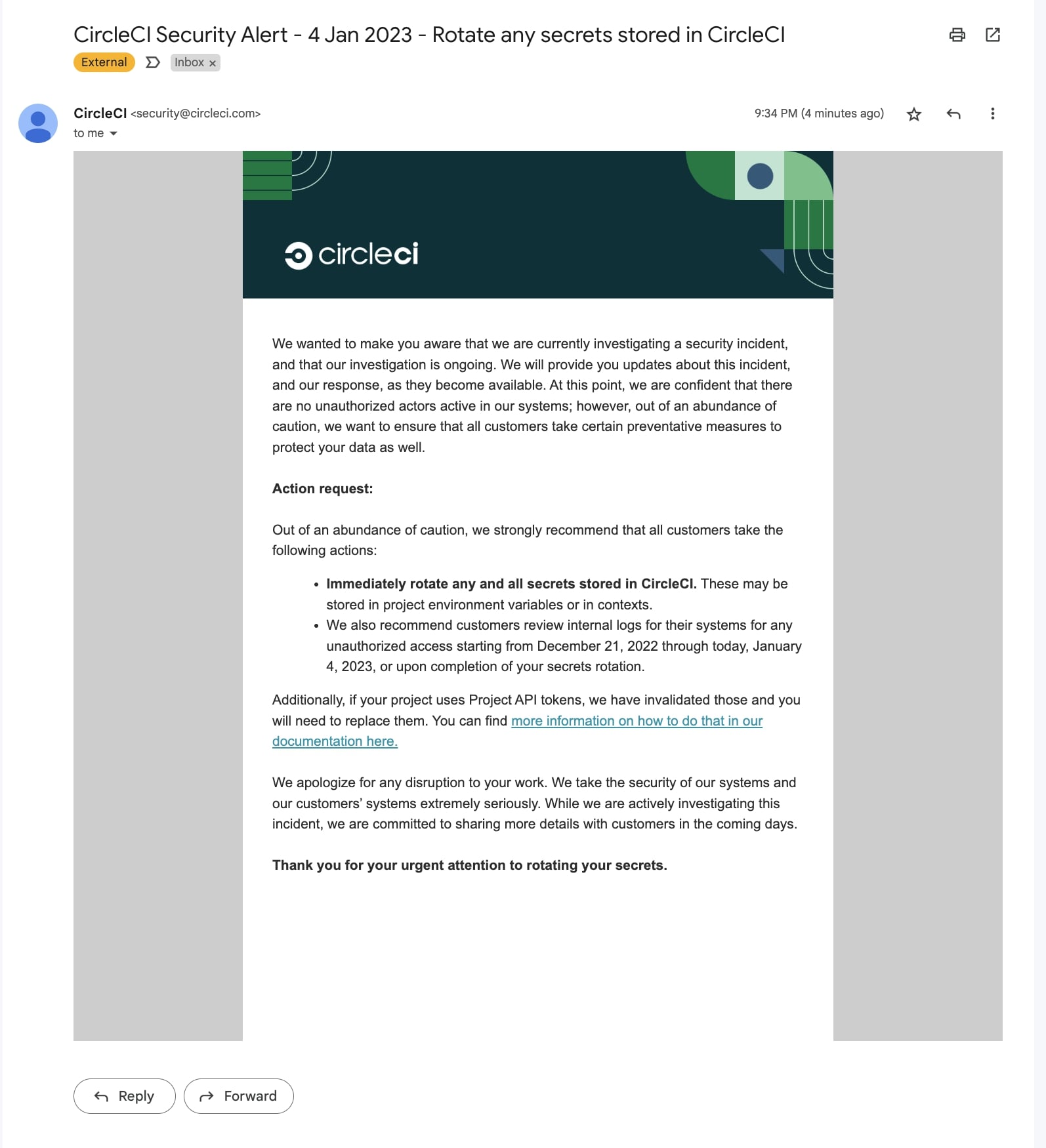 CircleCI security incident email notification