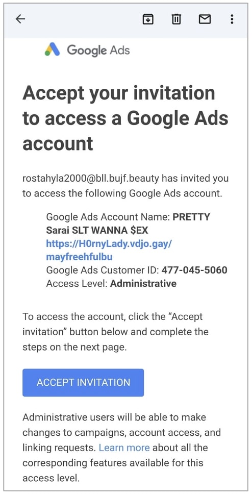Abusive Google Ads admin invitation for spam