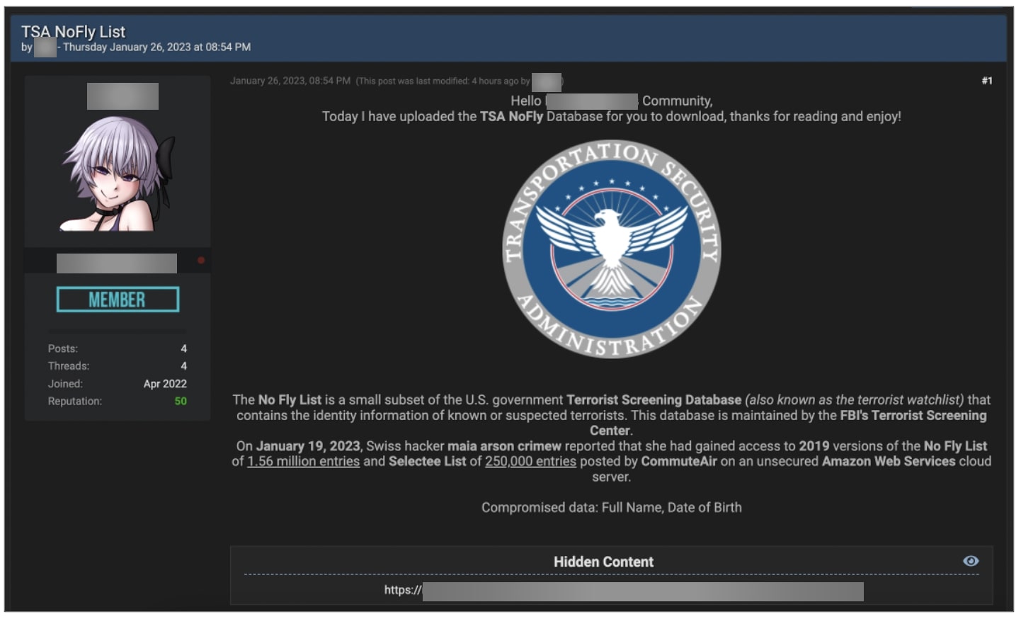 U.S. No Fly list shared on a hacking forum, government investigating