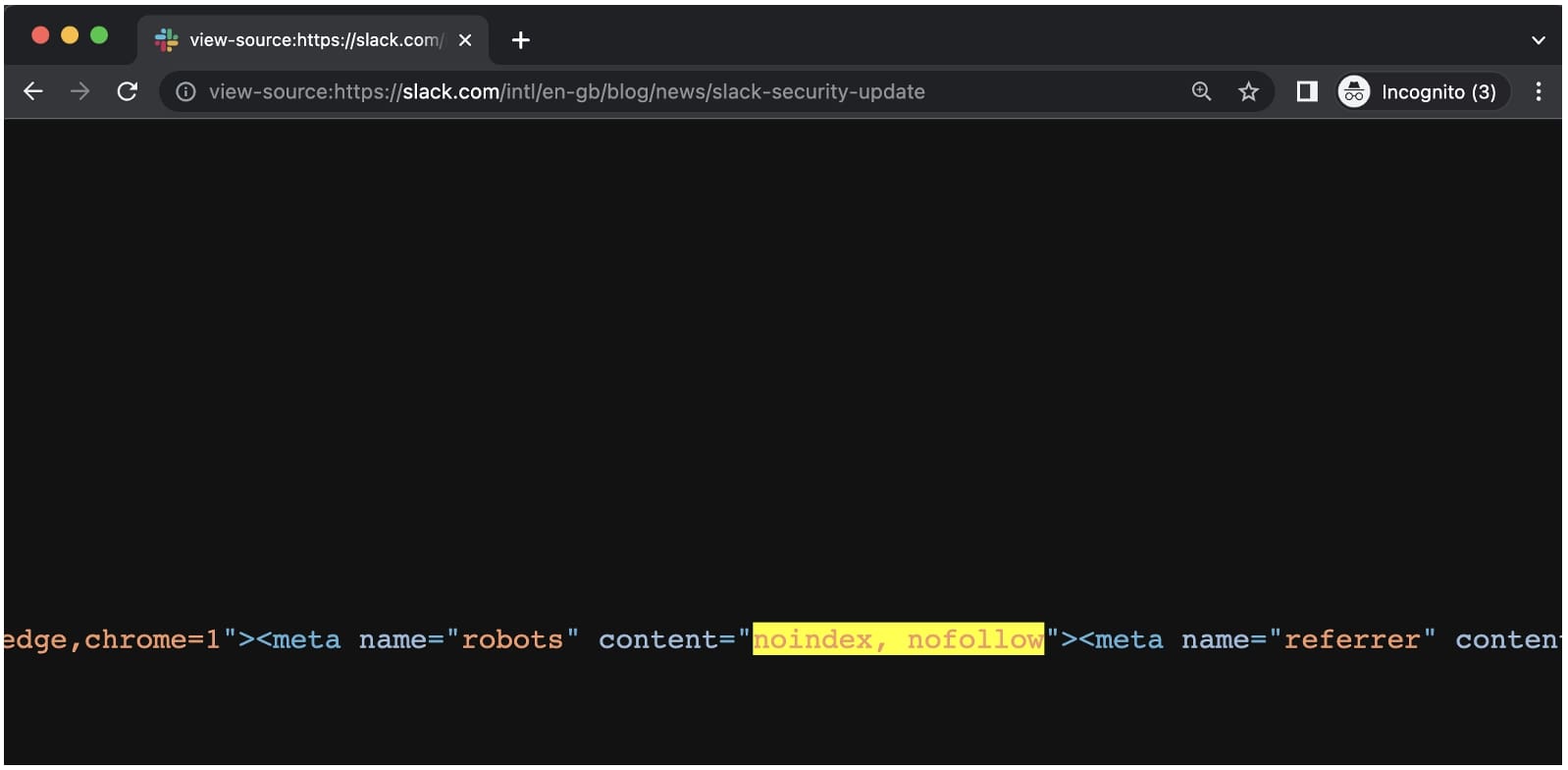 Slack security update marked with noindex SEO tag