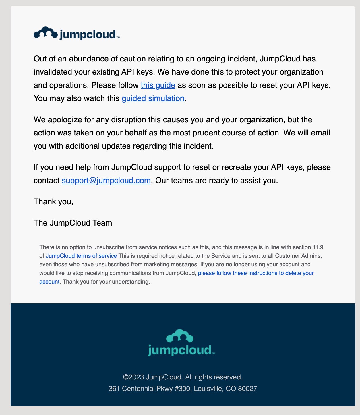 JumpCloud インシデントのお知らせ