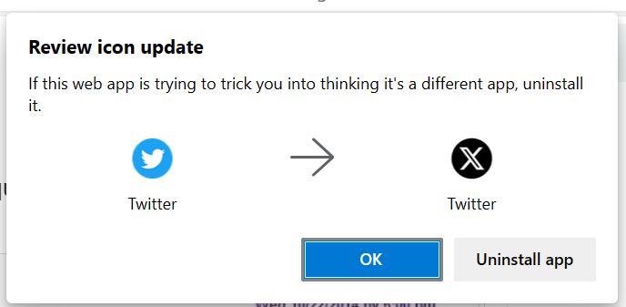 Microsoft Edge alerts about Twitter icon change after rebrand
