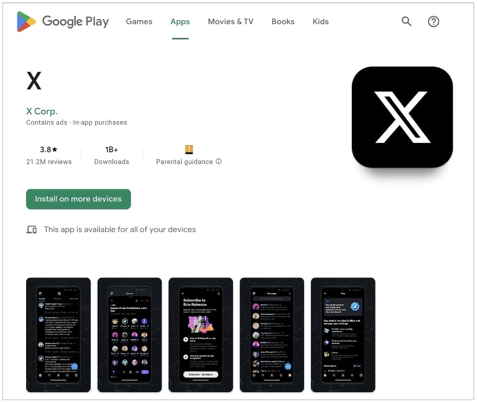 Google Play shows the name X for Twitter Android app