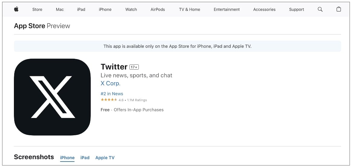 Apple App store page for Twitter iOS app
