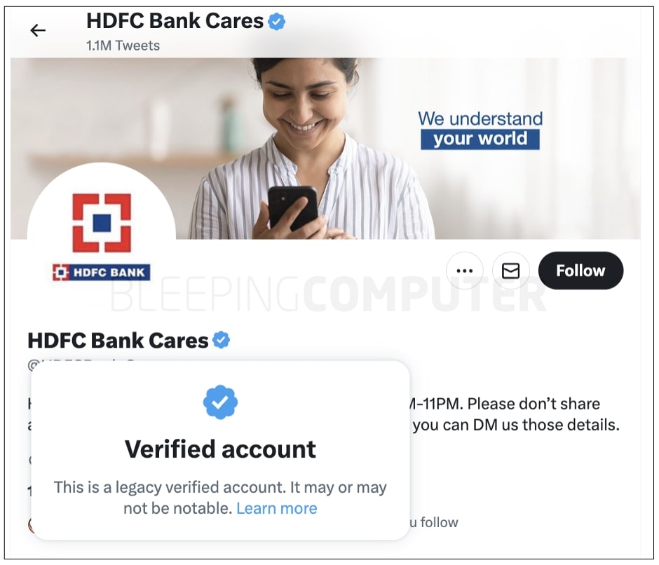 The official HDFC Bank Twitter wears a legacy badge