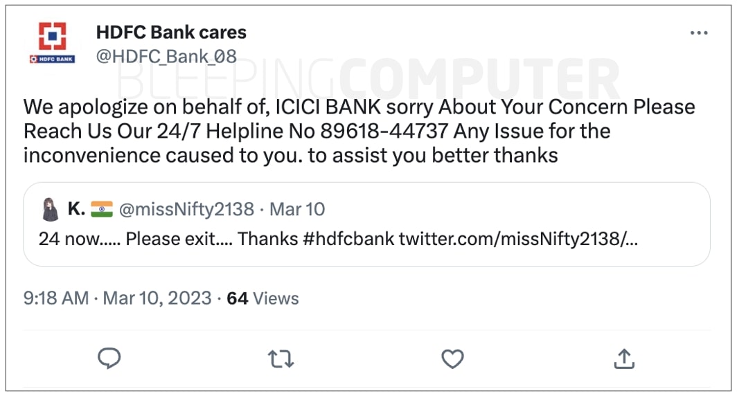 Convincing Twitter 'quote tweet' phone scam targets bank customers 3 Fake HDFC twitter account