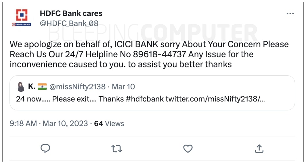 Fake HDFC twitter account