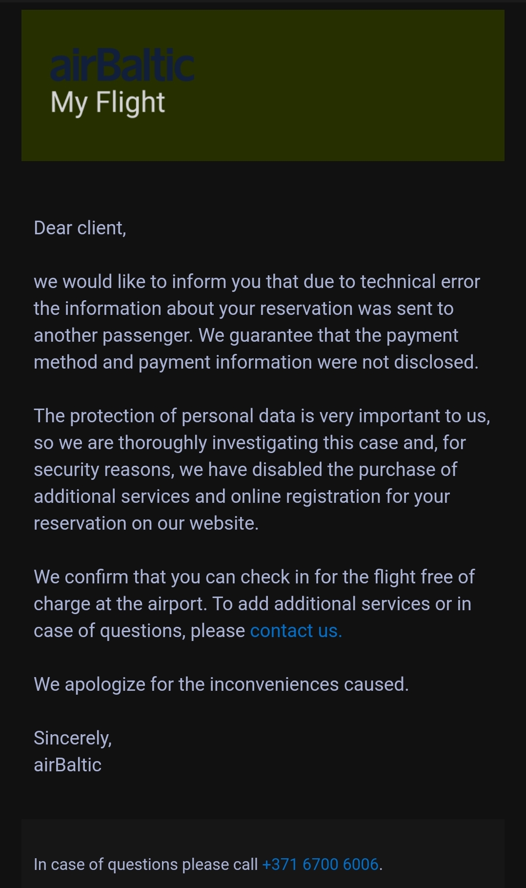 email airBaltic ke pelanggan