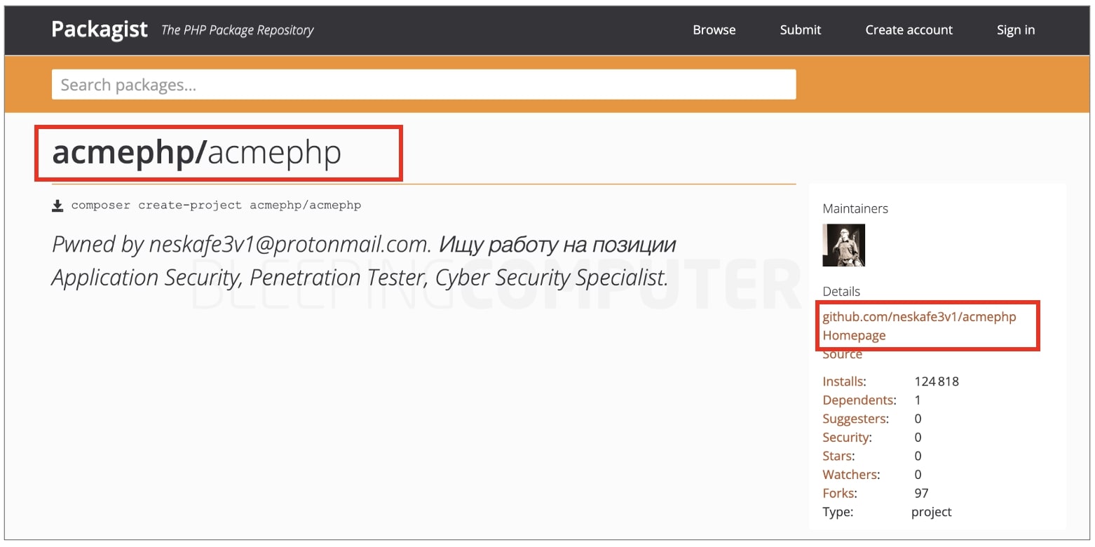 Packagist hacked page for acmephp