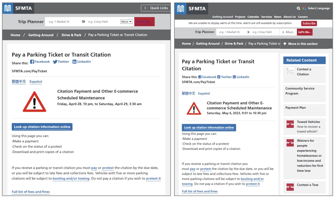Situs web pemerintah kota San Francisco palsu (kiri) dan asli (kanan).
