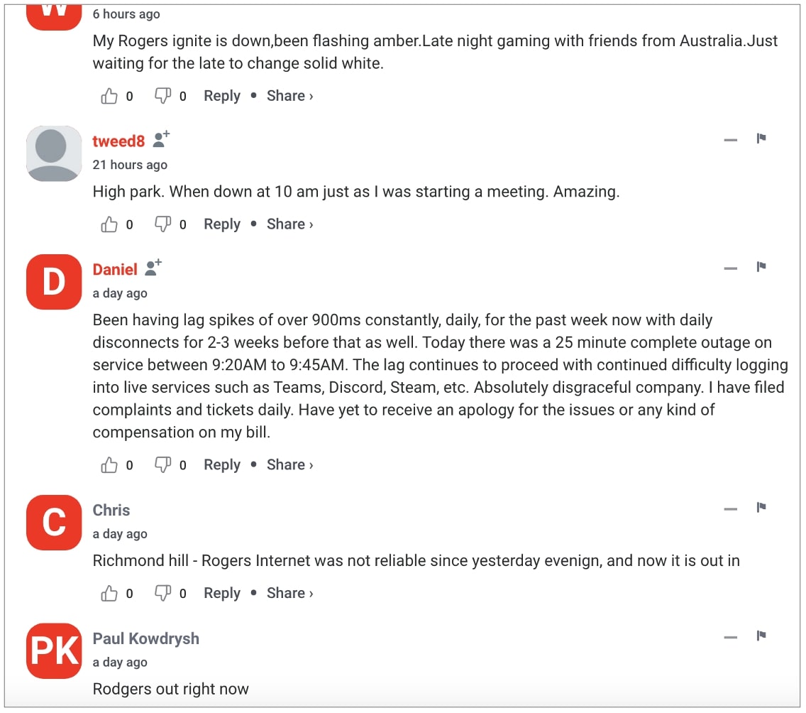 Comments from Rogers customers on DownDetector