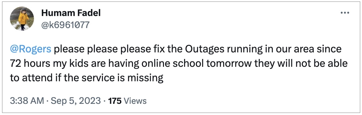 Outage lasting 72 hours