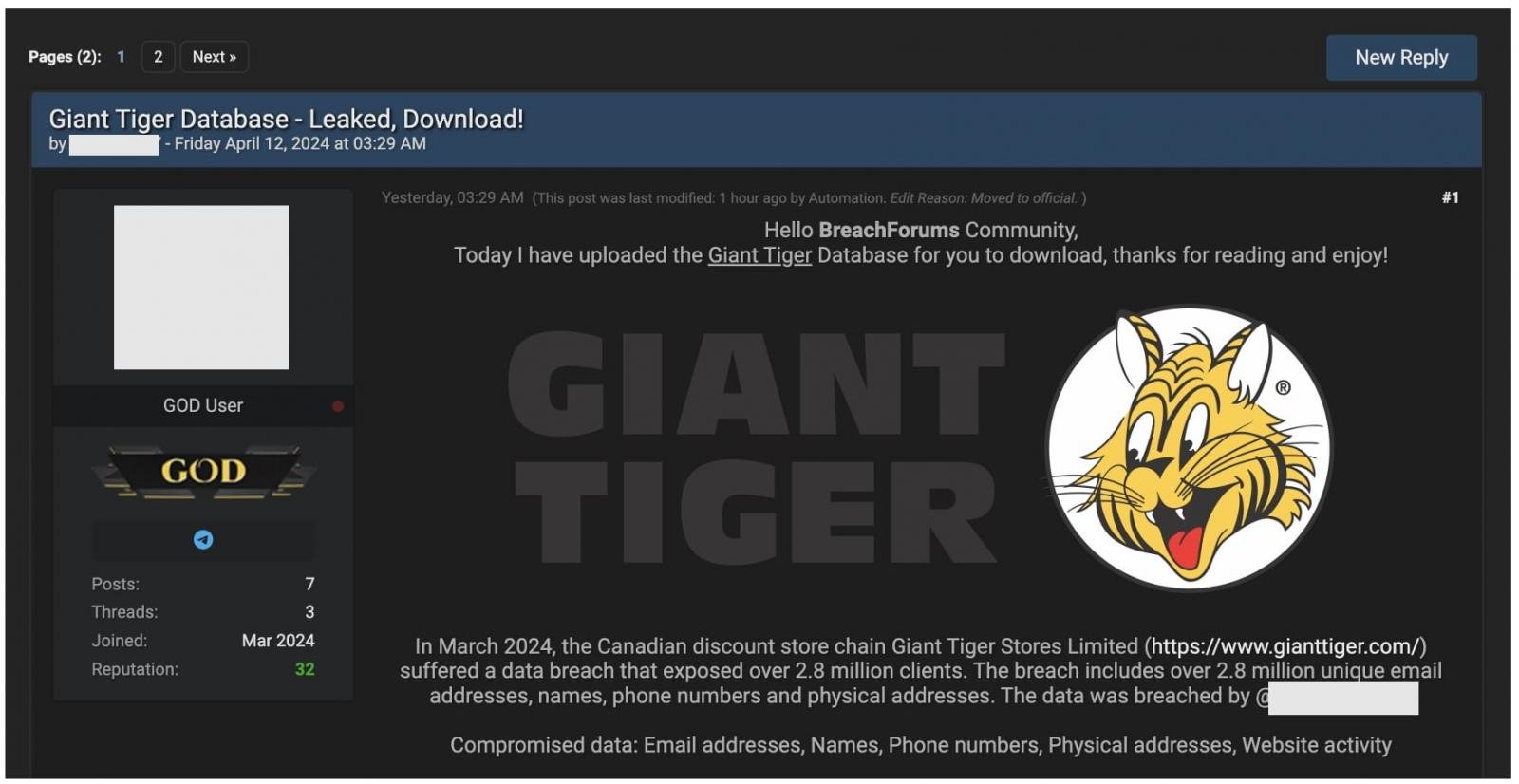 Giant Tiger customer records leak forum post