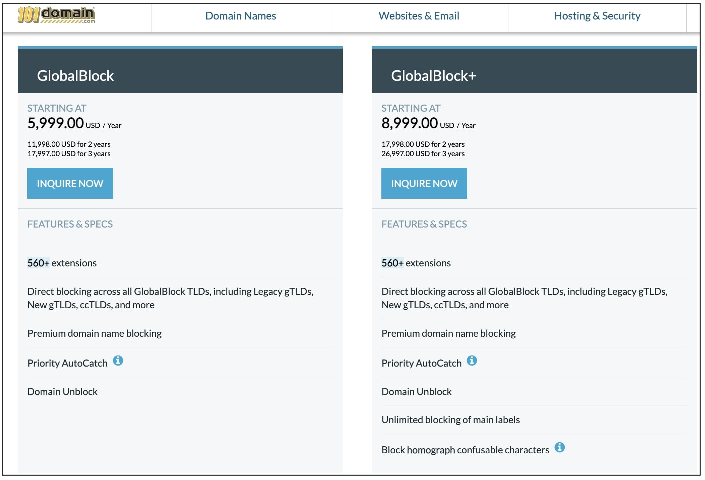 101domain price list for GlobalBlock