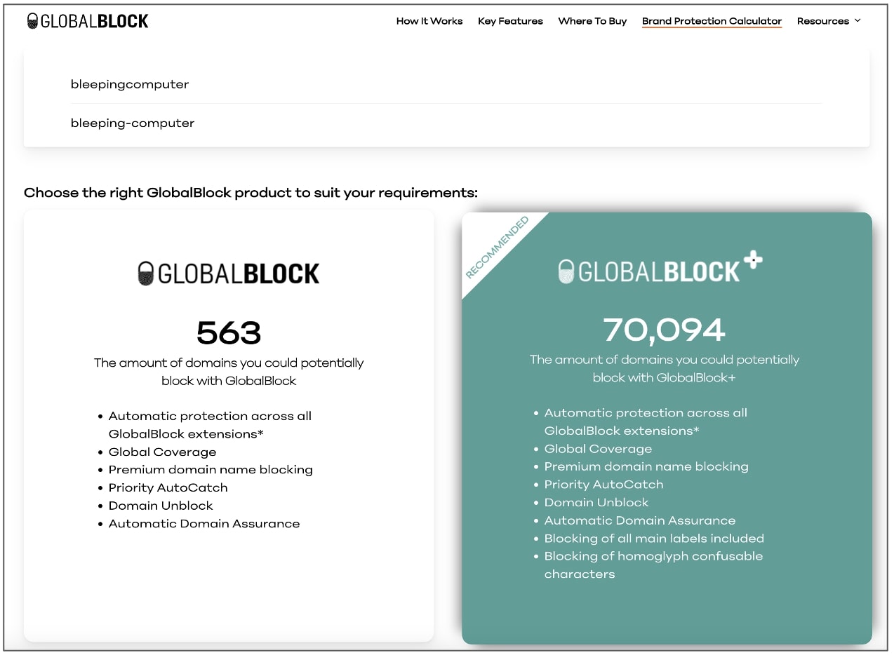 GlobalBlock Brand Protection Calculator test by BleepingComputer