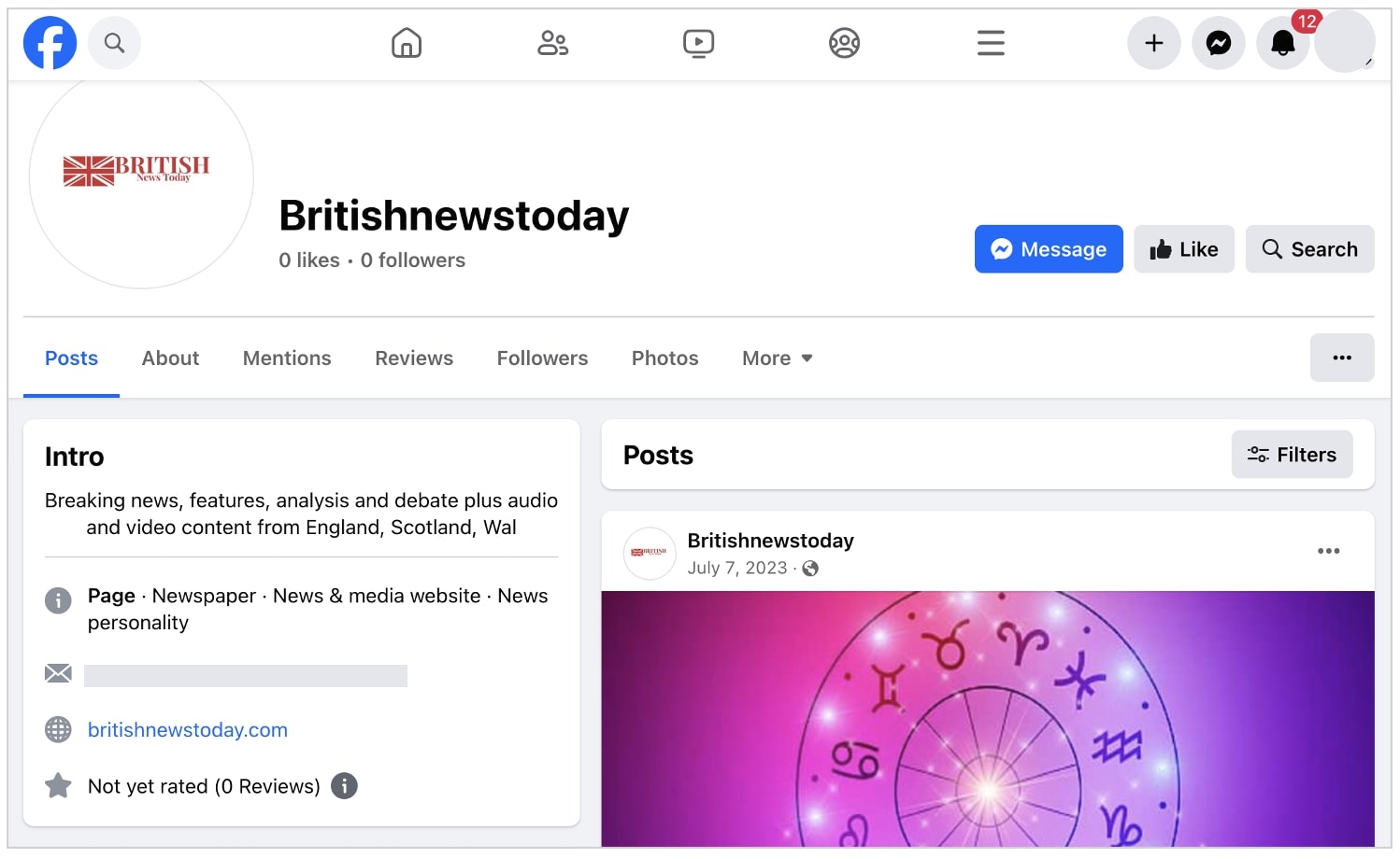 Facebook page for a British News Today site