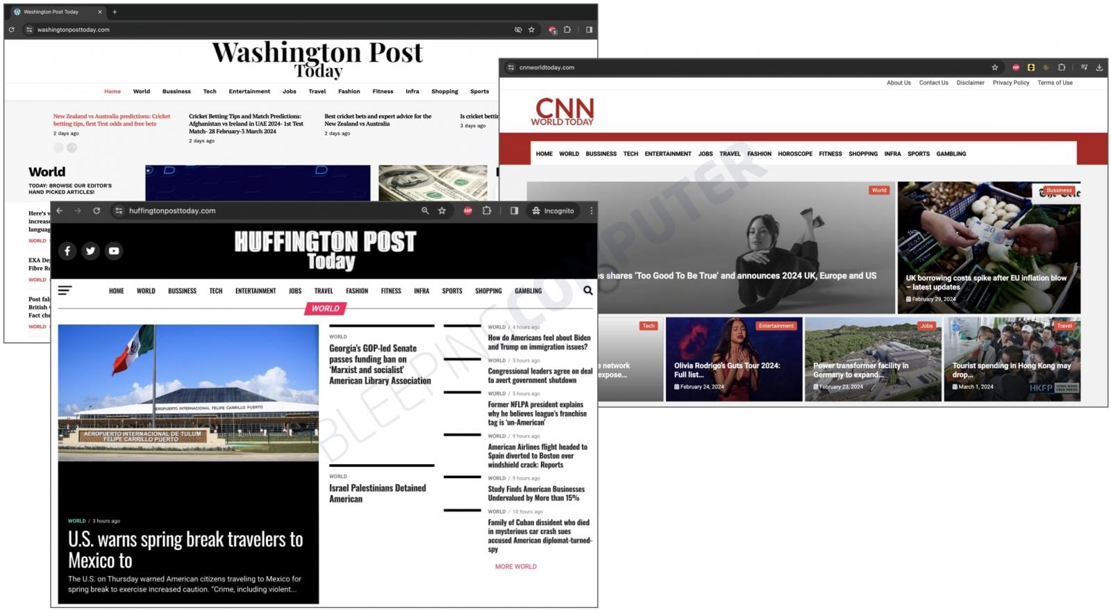 Websites impersonate popular media outlets like Washington Post, Guardian, CNN, etc.